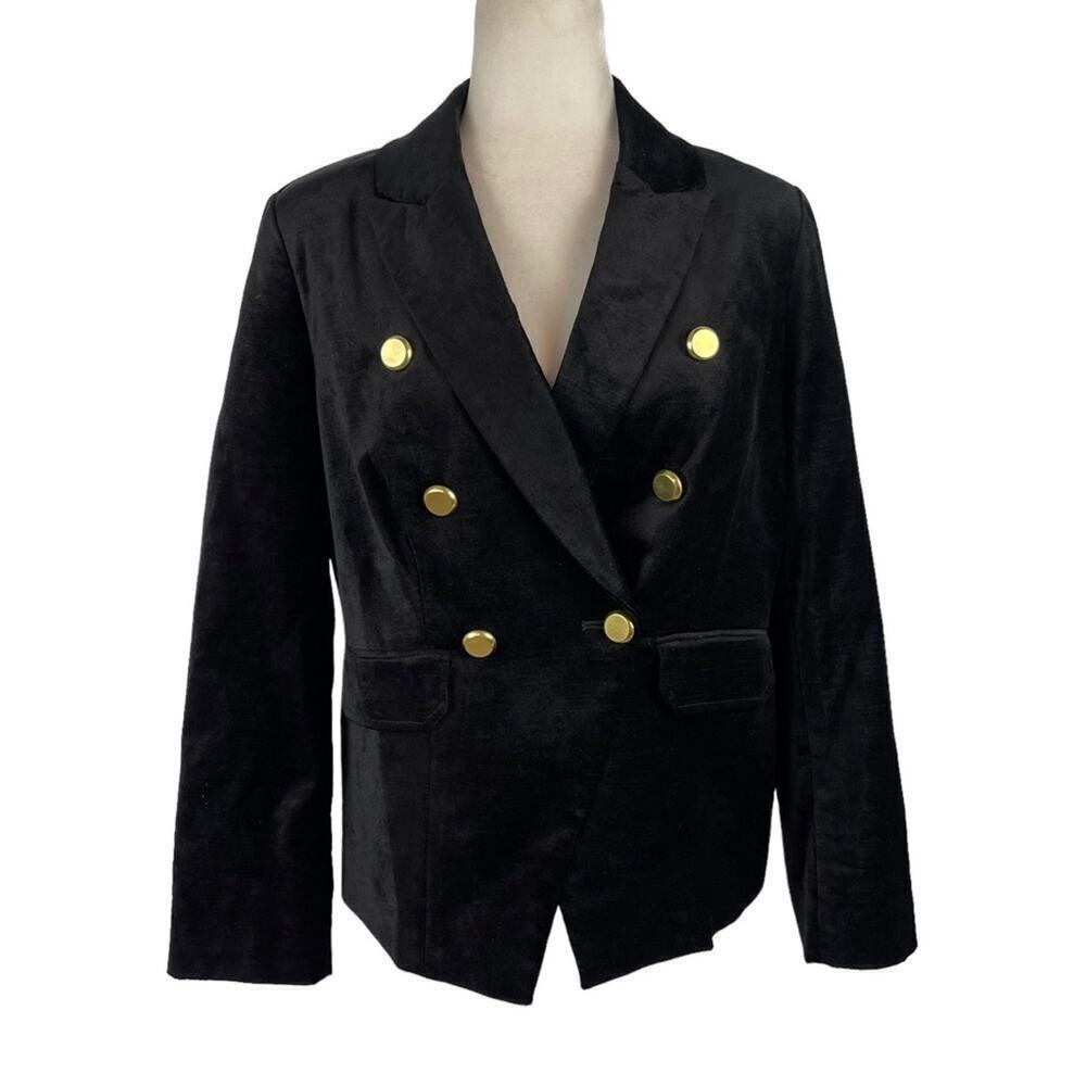 Chicos Women's Medium Black Velvet Velveteen Double Breasted Blazer Jacket SZ 1
